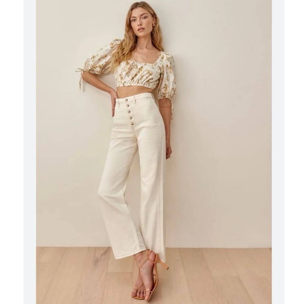 Reformation Lexi High Rise Wide Leg Jeans  Off White Cream Button Size 24